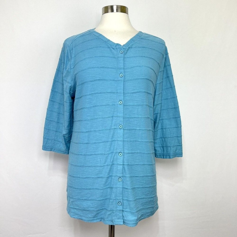 Habitat Clothes To Live In Womens L Top Tunic Cotton Blue Button Ribbed #RR